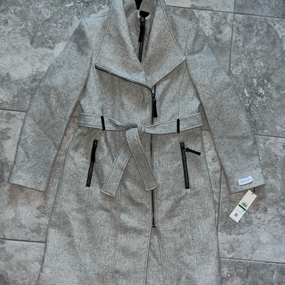 Calvin Klein Wool Blend Asymmetric Zip Wrap Pea Coat Belted Gray New L